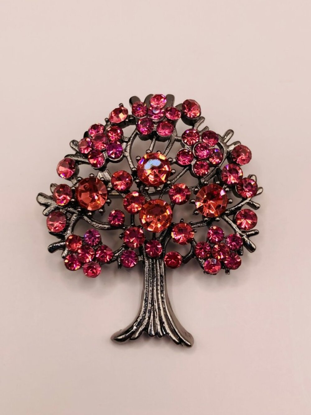Tree-Shaped Rhinestone Brooch Pin Pink Crystals -103B